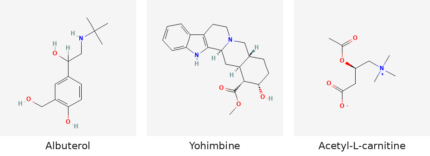 Molecular structures of Albuterol, Yohimbine and Acetyl-L-carnitine