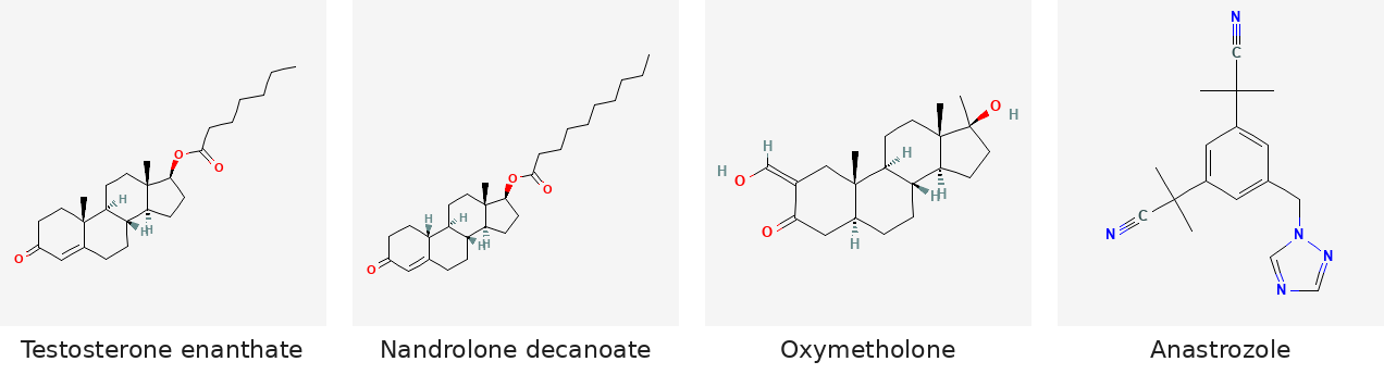 Molecular structures of Testosterone enanthate, Nandrolone decanoate, Oxymetholone and Anastrozole