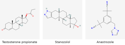 Molecular structures of Testosterone propionate, Stanozolol and Anastrozole