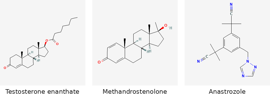 Molecular structures of Testosterone enanthate, Methandrostenolone and Anastrozole