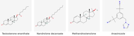 Molecular structures of Testosterone enanthate, Nandrolone decanoate, Methandrostenolone and Anastrozole