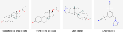 Molecular structures of Testosterone propionate, Trenbolone acetate, Stanozolol and Anastrozole