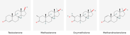 Molecular structures of Testosterone, Methasterone, Oxymetholone and Methandrostenolone
