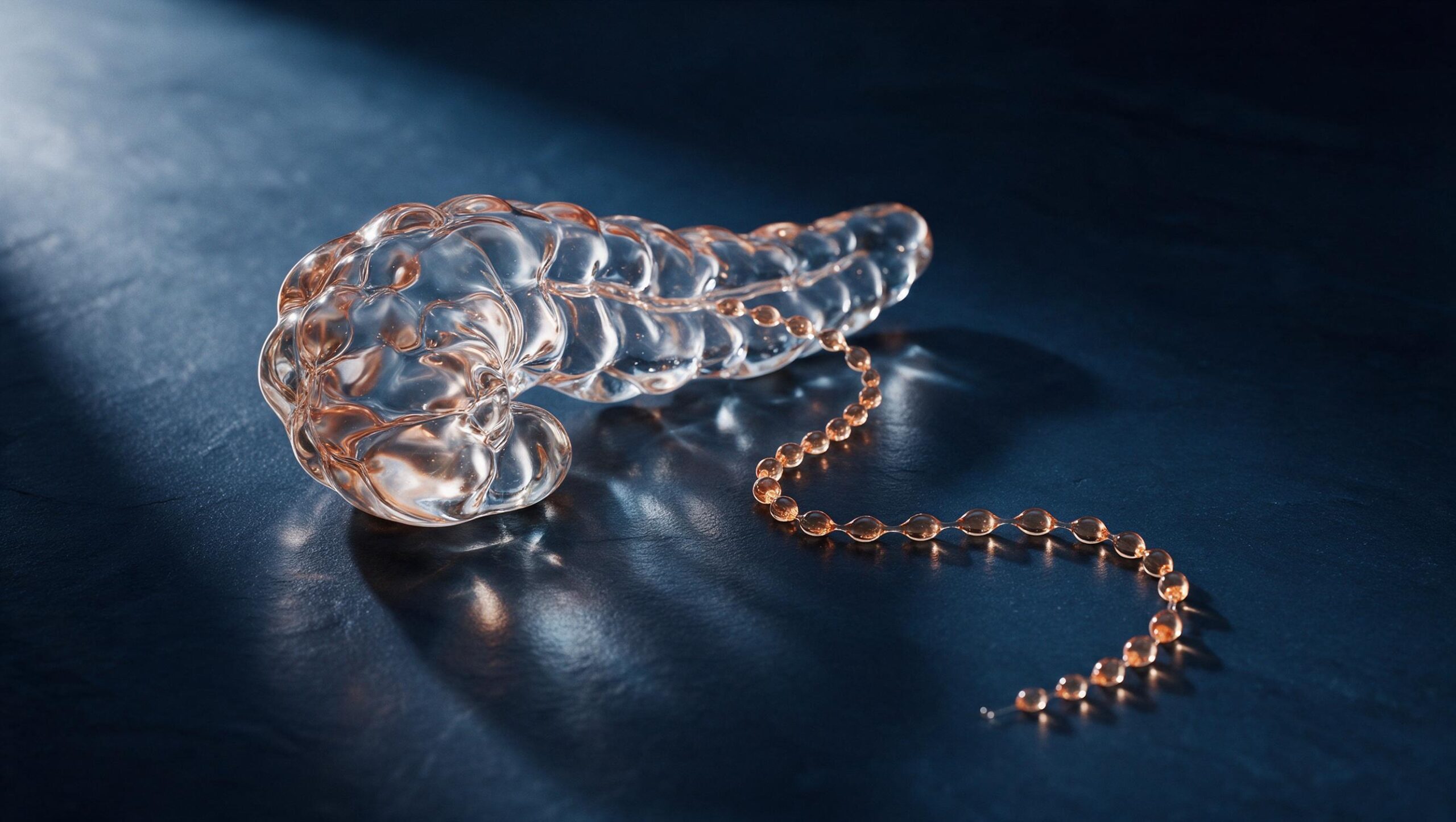 Glass organ-inspired sculpture under copper and navy lab lighting illustrating petrelintide amylin research
