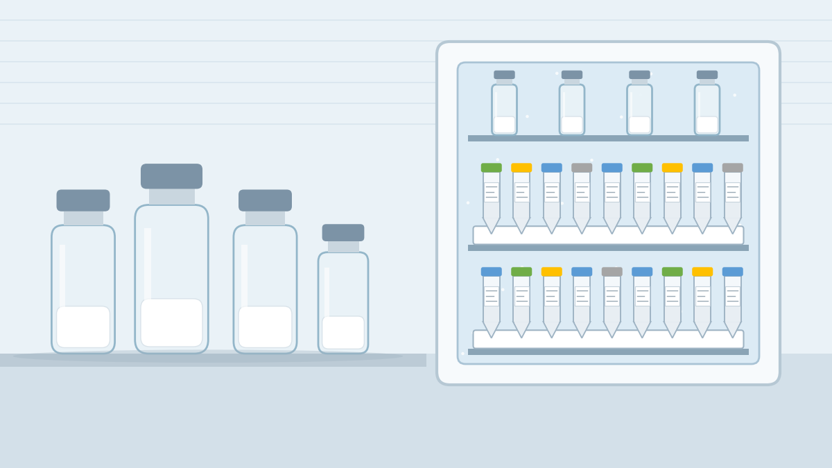 Illustration of sealed glass vials of lyophilised research peptides on a lab bench beside a laboratory freezer rack holding labelled single-use aliquot tubes