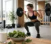 Bone health nutrition for athletes: athlete performing barbell squat with calcium-rich foods including milk and leafy greens