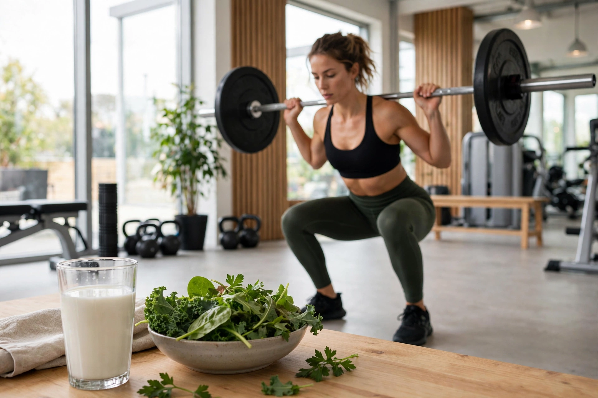 Bone health nutrition for athletes: athlete performing barbell squat with calcium-rich foods including milk and leafy greens